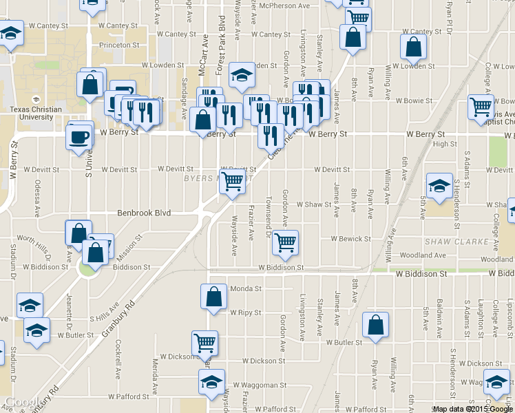 map of restaurants, bars, coffee shops, grocery stores, and more near 3321 Frazier Avenue in Fort Worth