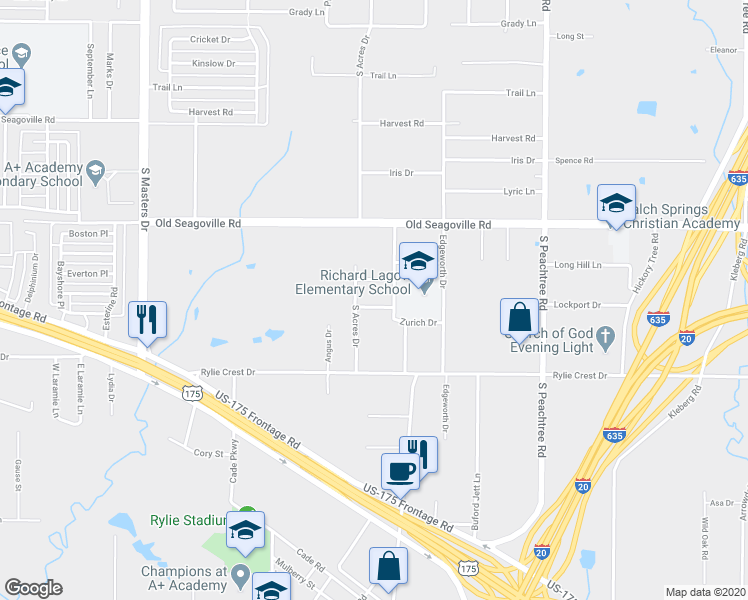 map of restaurants, bars, coffee shops, grocery stores, and more near 10919 Vaquero Drive in Dallas