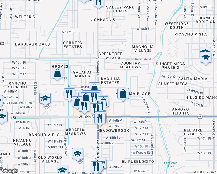 map of restaurants, bars, coffee shops, grocery stores, and more near 1401-1449 South Avenue B in Yuma