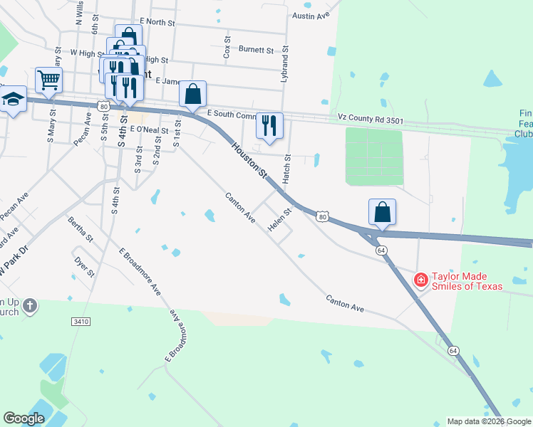 map of restaurants, bars, coffee shops, grocery stores, and more near 908 Canton Avenue in Wills Point