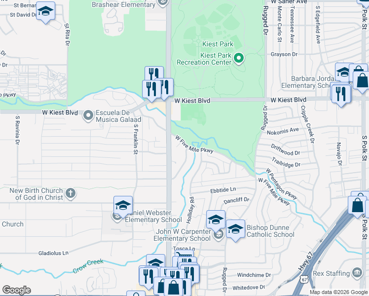 map of restaurants, bars, coffee shops, grocery stores, and more near 2316 Southwood Drive in Dallas