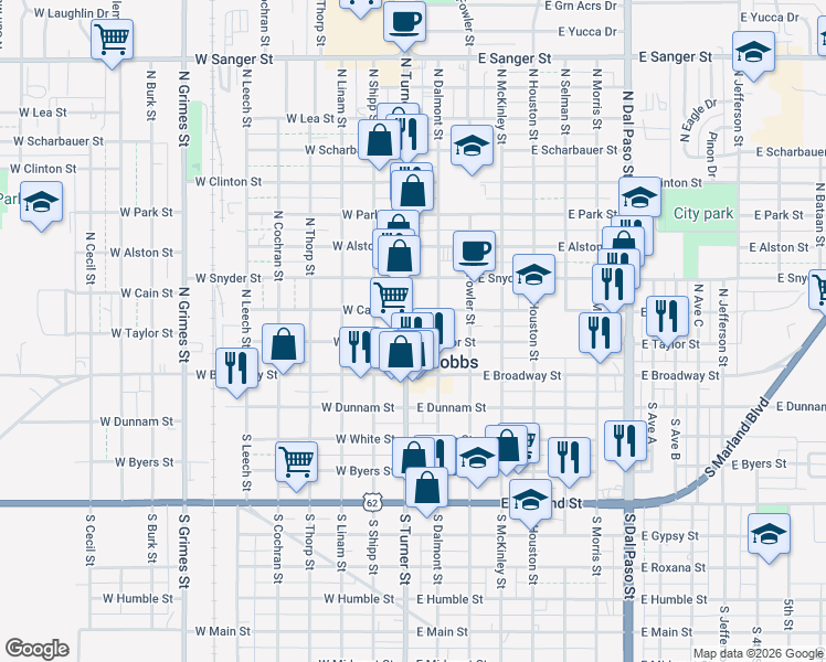 map of restaurants, bars, coffee shops, grocery stores, and more near 206 North Turner Street in Hobbs