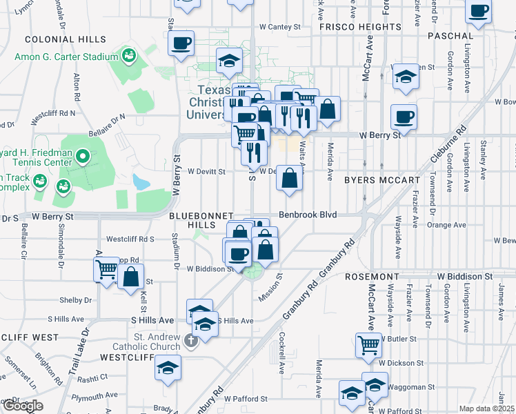 map of restaurants, bars, coffee shops, grocery stores, and more near 3251 South University Drive in Fort Worth