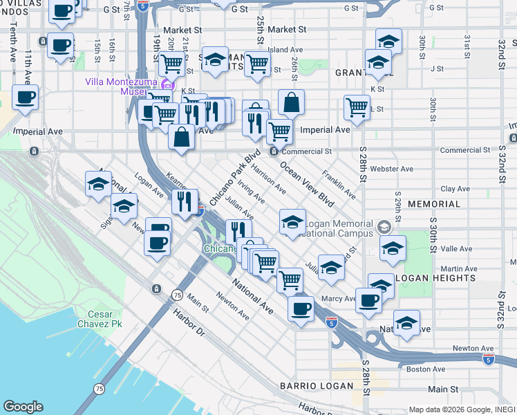 map of restaurants, bars, coffee shops, grocery stores, and more near 1963 Irving Avenue in San Diego