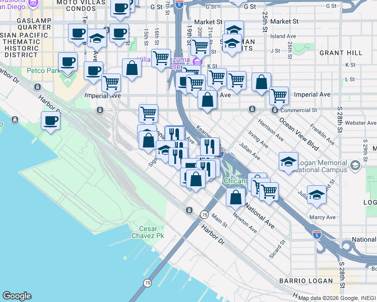 map of restaurants, bars, coffee shops, grocery stores, and more near 1747 Logan Avenue in San Diego