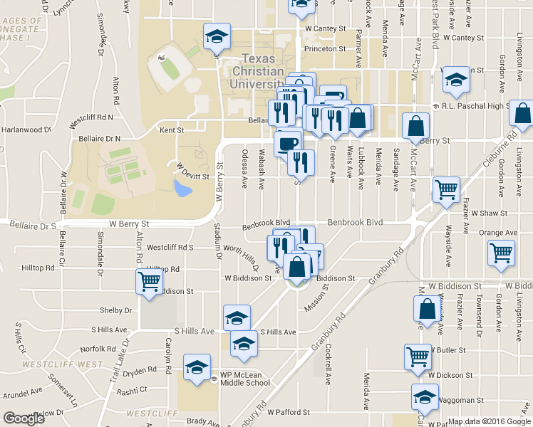 map of restaurants, bars, coffee shops, grocery stores, and more near 3228 Rogers Avenue in Fort Worth