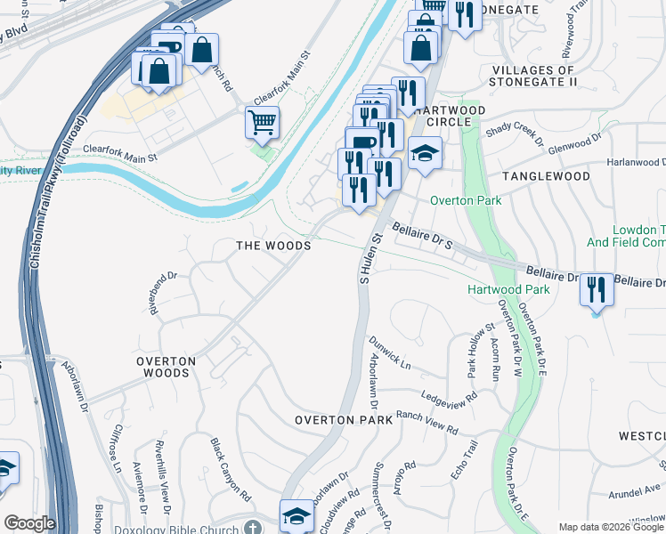 map of restaurants, bars, coffee shops, grocery stores, and more near 3304 South Hulen Street in Fort Worth