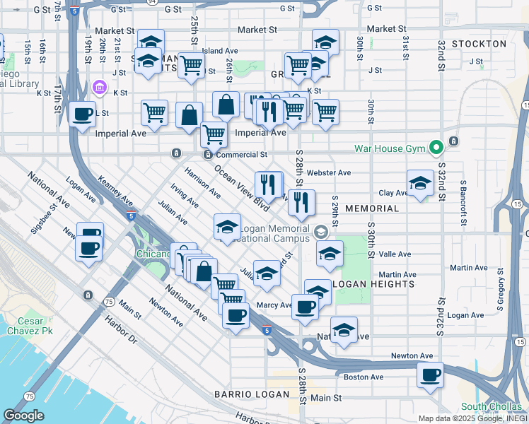 map of restaurants, bars, coffee shops, grocery stores, and more near 2156 Ocean View Boulevard in San Diego