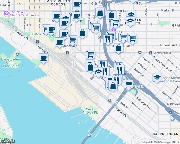 map of restaurants, bars, coffee shops, grocery stores, and more near 1625 Newton Avenue in San Diego