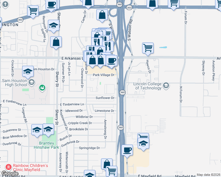 map of restaurants, bars, coffee shops, grocery stores, and more near 2500 South Watson Road in Arlington