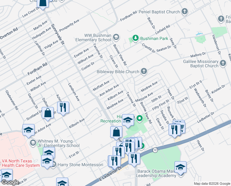 map of restaurants, bars, coffee shops, grocery stores, and more near 2780 Ann Arbor Avenue in Dallas