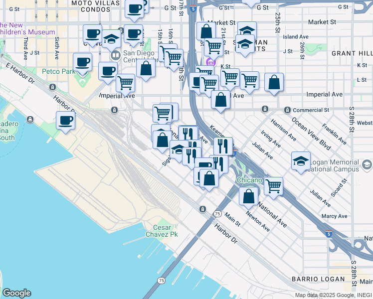 map of restaurants, bars, coffee shops, grocery stores, and more near 1686 National Avenue in San Diego