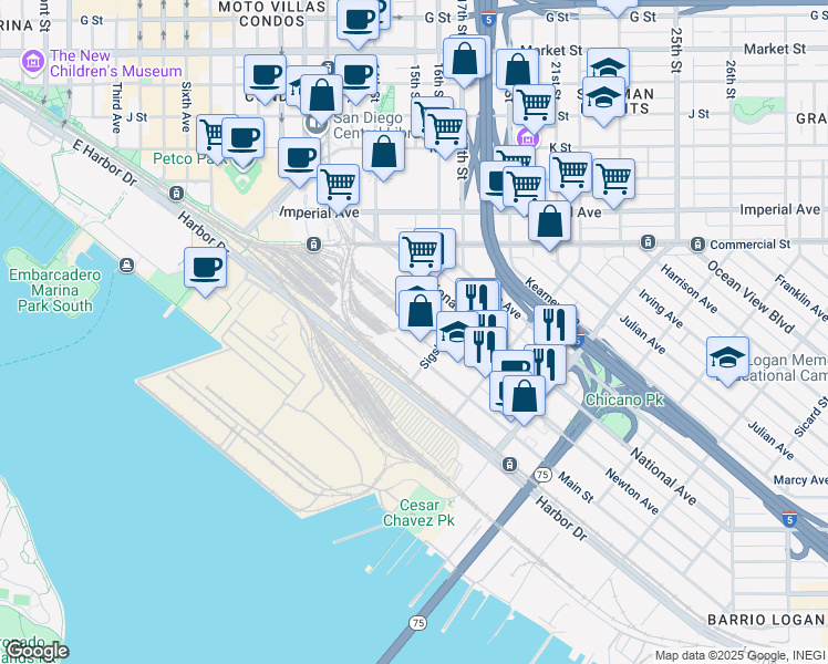 map of restaurants, bars, coffee shops, grocery stores, and more near 1625 Newton Avenue in San Diego