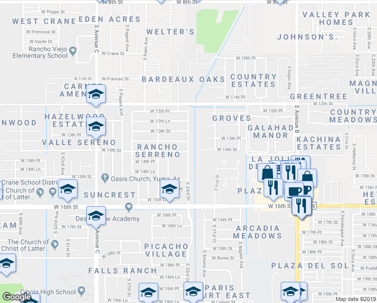 map of restaurants, bars, coffee shops, grocery stores, and more near 1398 South 33rd Drive in Yuma