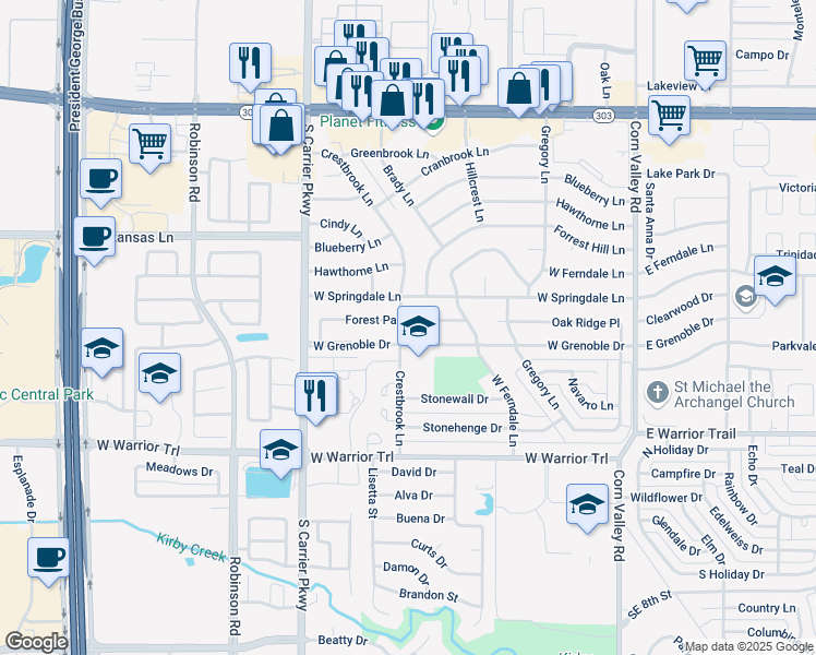 map of restaurants, bars, coffee shops, grocery stores, and more near 630 Forest Park Place in Grand Prairie