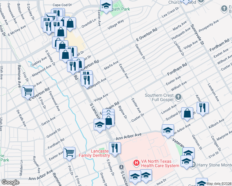 map of restaurants, bars, coffee shops, grocery stores, and more near 3831 Biglow Drive in Dallas