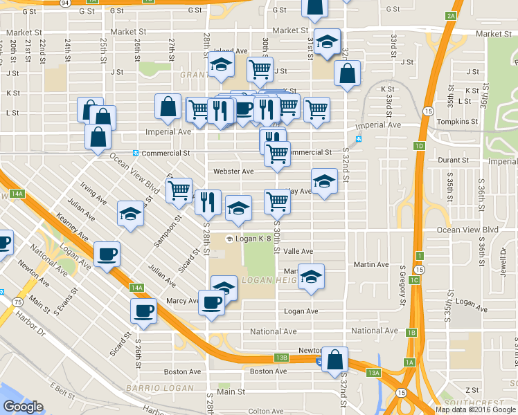 map of restaurants, bars, coffee shops, grocery stores, and more near 2959 Clay Avenue in San Diego