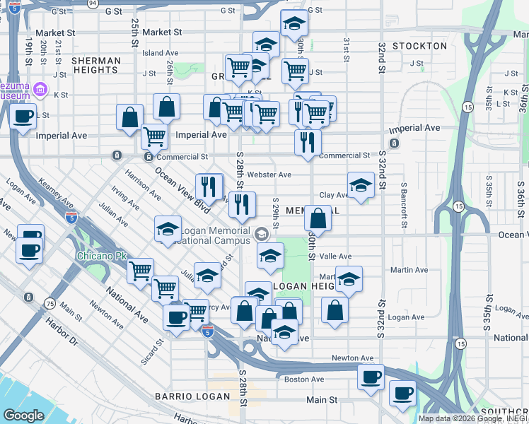 map of restaurants, bars, coffee shops, grocery stores, and more near 2885 Clay Avenue in San Diego