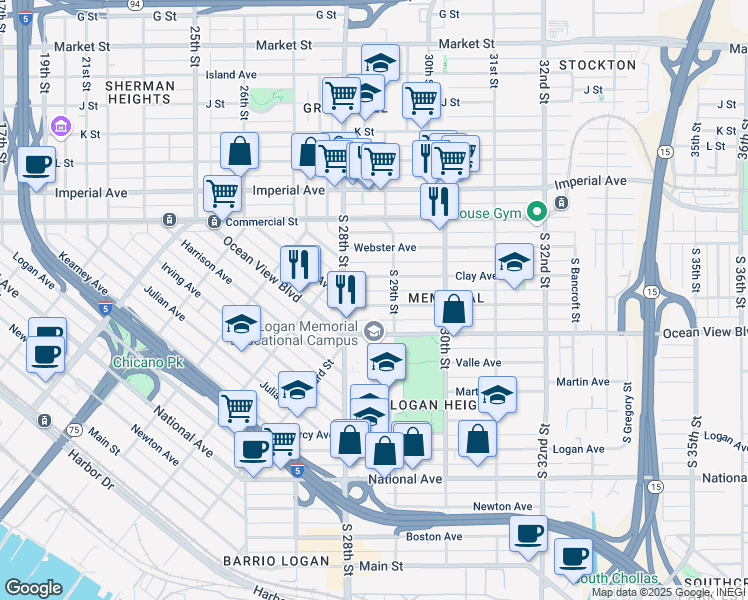 map of restaurants, bars, coffee shops, grocery stores, and more near 2885 Clay Avenue in San Diego