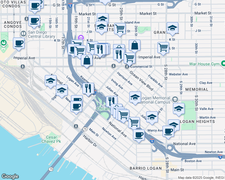map of restaurants, bars, coffee shops, grocery stores, and more near 1963 Irving Avenue in San Diego
