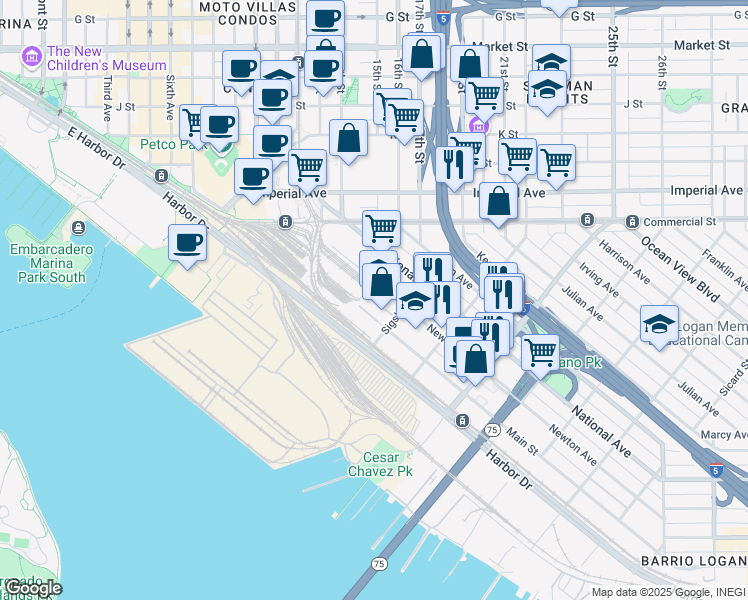map of restaurants, bars, coffee shops, grocery stores, and more near 1640 Newton Avenue in San Diego