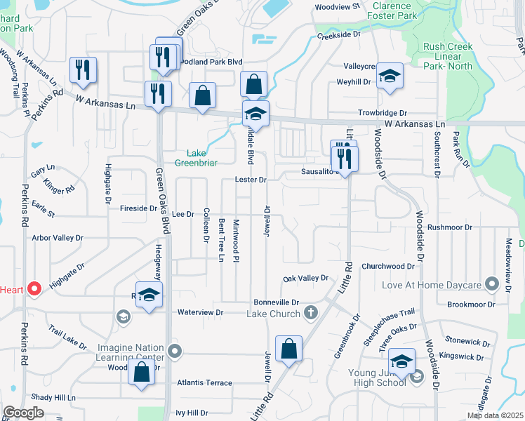 map of restaurants, bars, coffee shops, grocery stores, and more near 2509 Hilldale Boulevard in Arlington