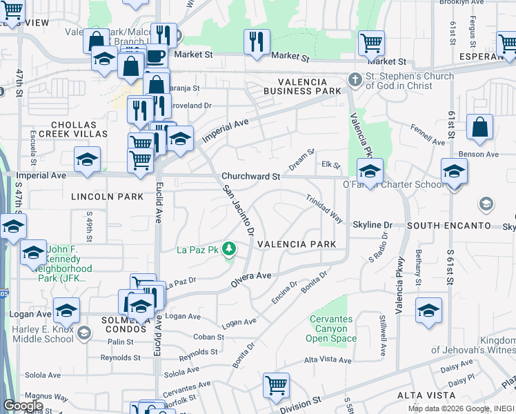 map of restaurants, bars, coffee shops, grocery stores, and more near 5333 Manzanares Way in San Diego