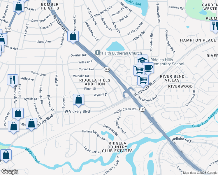 map of restaurants, bars, coffee shops, grocery stores, and more near 6912 Valhalla Road in Fort Worth