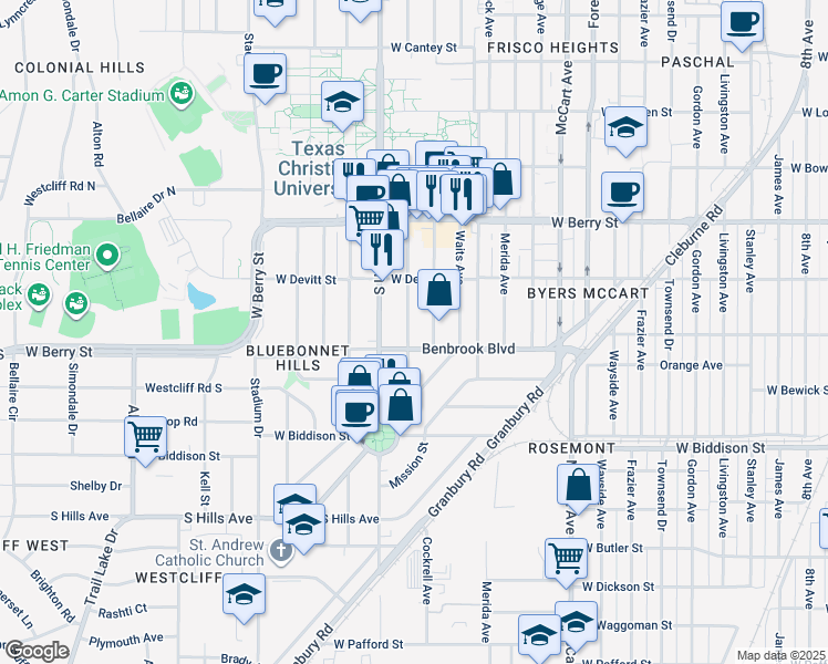 map of restaurants, bars, coffee shops, grocery stores, and more near 3245 Cockrell Avenue in Fort Worth
