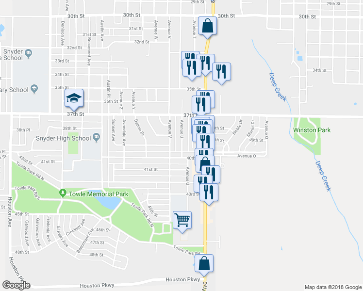 map of restaurants, bars, coffee shops, grocery stores, and more near 3721 Avenue U in Snyder