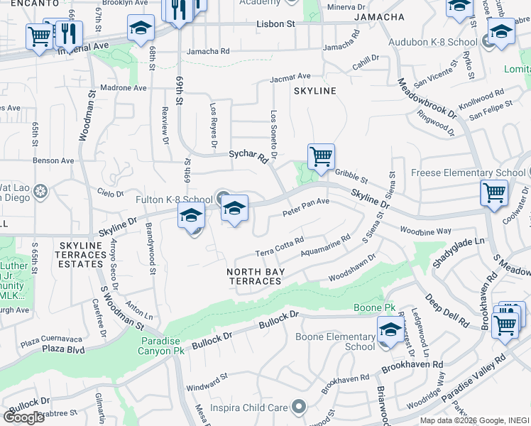 map of restaurants, bars, coffee shops, grocery stores, and more near 7171 Skyline Drive in San Diego