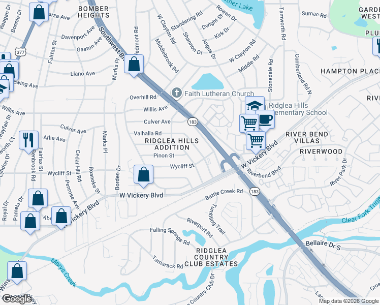 map of restaurants, bars, coffee shops, grocery stores, and more near 6912 Valhalla Road in Fort Worth