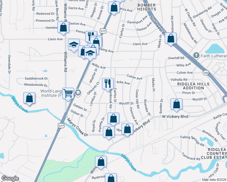 map of restaurants, bars, coffee shops, grocery stores, and more near 4912 Fairfax Street in Fort Worth