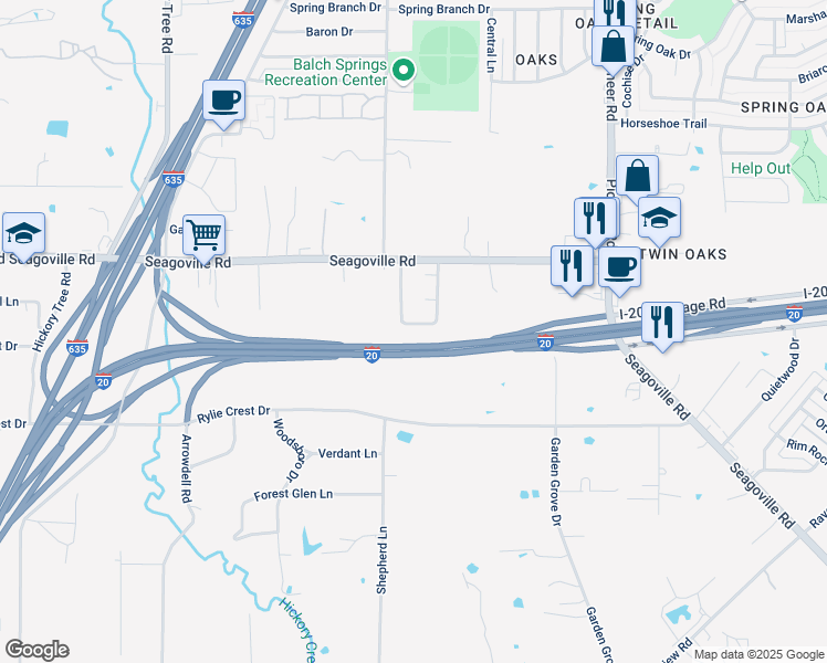 map of restaurants, bars, coffee shops, grocery stores, and more near 4916 Honeysuckle Drive in Balch Springs
