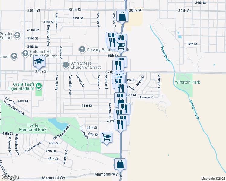 map of restaurants, bars, coffee shops, grocery stores, and more near 3700-3708 Avenue T in Snyder