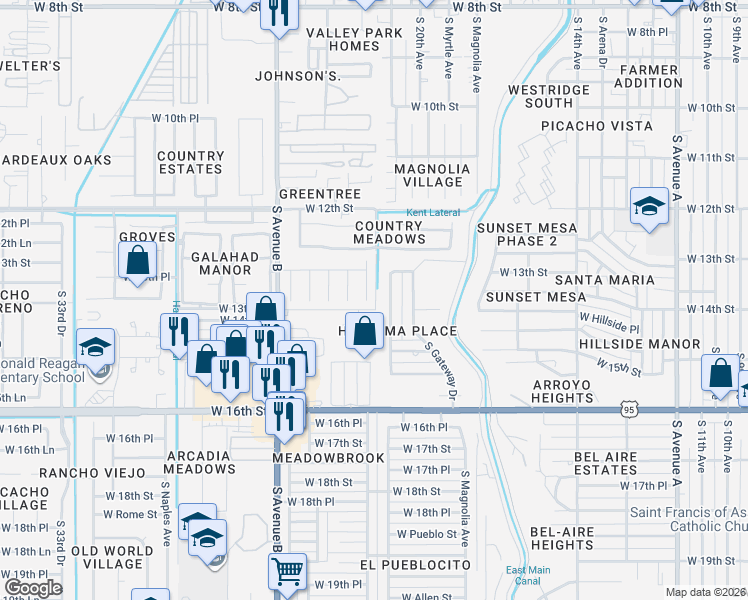 map of restaurants, bars, coffee shops, grocery stores, and more near 1347 South 22nd Avenue in Yuma