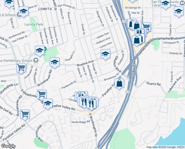 map of restaurants, bars, coffee shops, grocery stores, and more near 529 Worthington Street in Spring Valley
