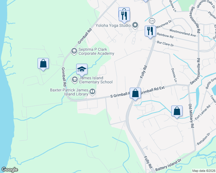 map of restaurants, bars, coffee shops, grocery stores, and more near 1615 Scott Hill Road in Charleston