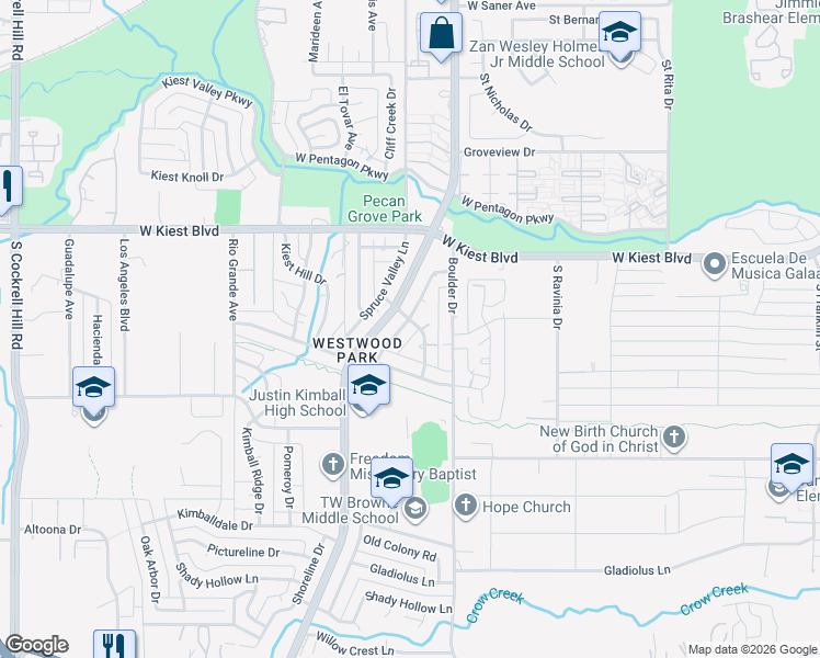 map of restaurants, bars, coffee shops, grocery stores, and more near 3327 Springwood Lane in Dallas