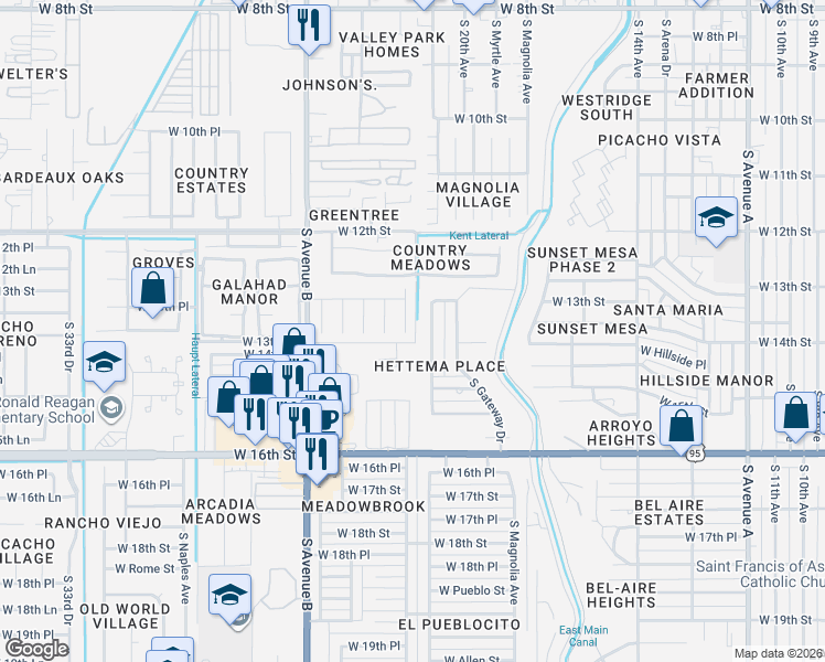 map of restaurants, bars, coffee shops, grocery stores, and more near 1347 South 22nd Avenue in Yuma