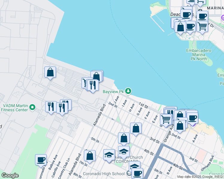 map of restaurants, bars, coffee shops, grocery stores, and more near 1st Street in Coronado
