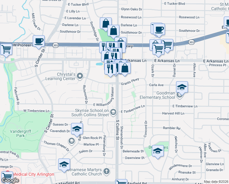 map of restaurants, bars, coffee shops, grocery stores, and more near 2503 East Williamsburg Manor in Arlington