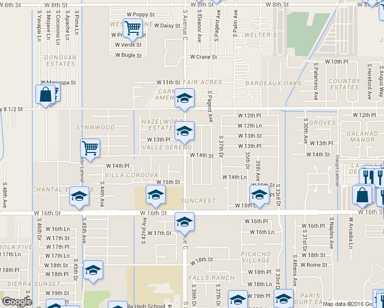 map of restaurants, bars, coffee shops, grocery stores, and more near 1425 South Howard Drive in Yuma