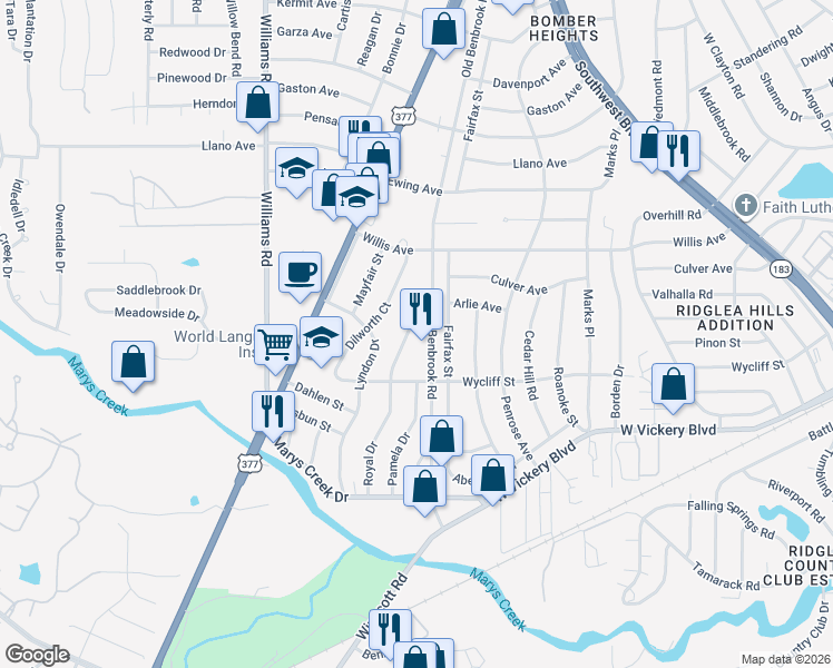 map of restaurants, bars, coffee shops, grocery stores, and more near 4933 Royal Drive in Fort Worth