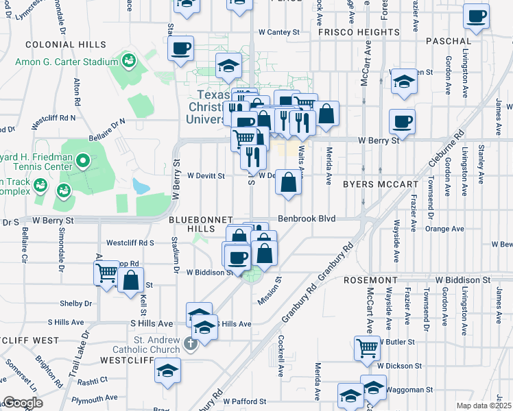 map of restaurants, bars, coffee shops, grocery stores, and more near 3228 South University Drive in Fort Worth