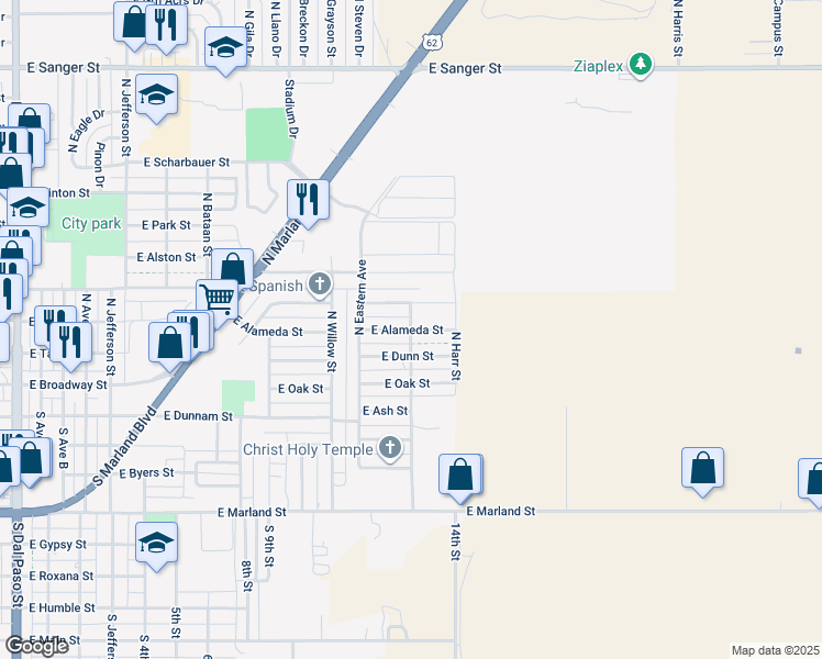 map of restaurants, bars, coffee shops, grocery stores, and more near 2100 East Alameda Street in Hobbs