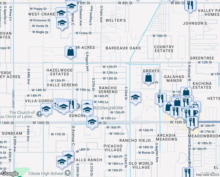 map of restaurants, bars, coffee shops, grocery stores, and more near 3511 West 13th Place in Yuma