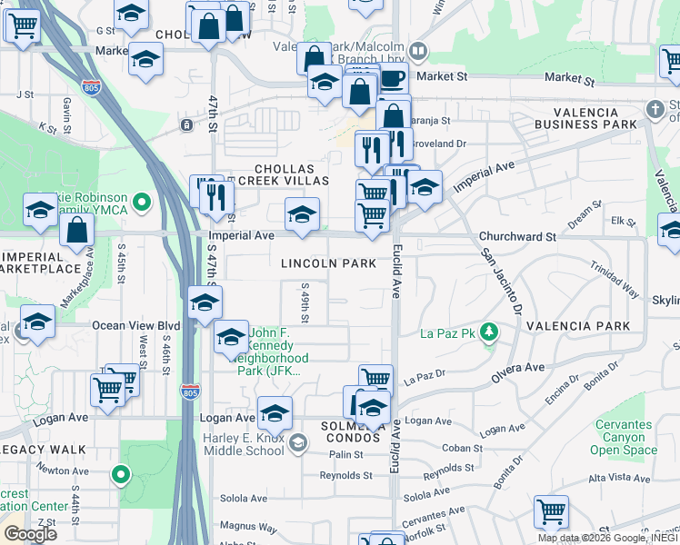 map of restaurants, bars, coffee shops, grocery stores, and more near 237 South Willie James Jones Avenue in San Diego