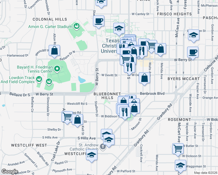 map of restaurants, bars, coffee shops, grocery stores, and more near 3235 Odessa Avenue in Fort Worth
