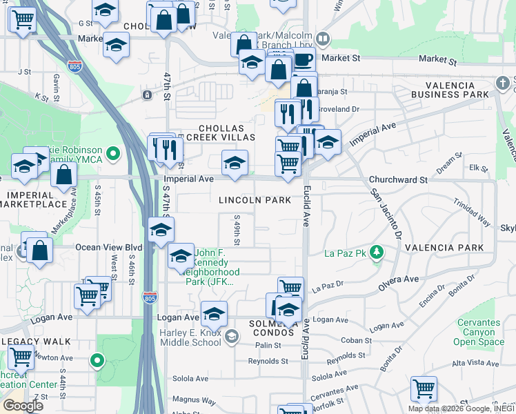map of restaurants, bars, coffee shops, grocery stores, and more near 237 South Willie James Jones Avenue in San Diego